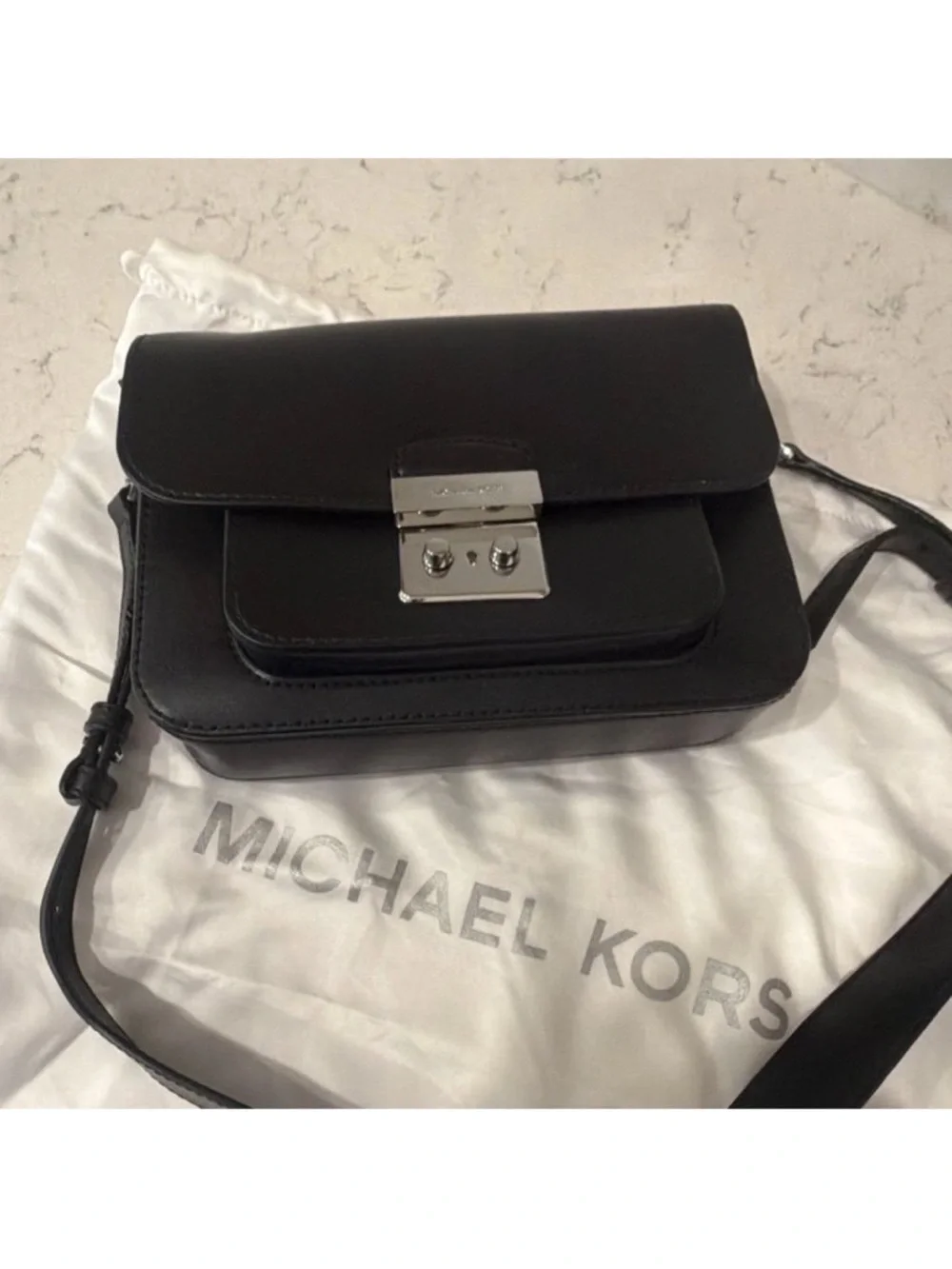Michael Kors Black Leather Crossbody with Silver-Tone Push Lock